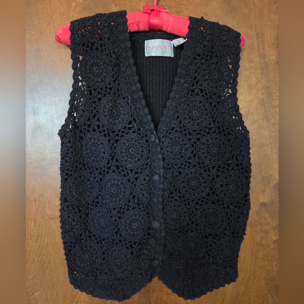 Vintage Passports of Pier 1 Imports Black Knitted Button Up Vest. Doilies Small